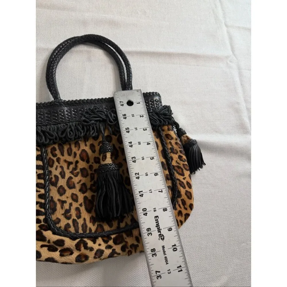 Francesco Biasia Leopard Haircalf Leather Tassel Satchel Top Handle Bag Italy